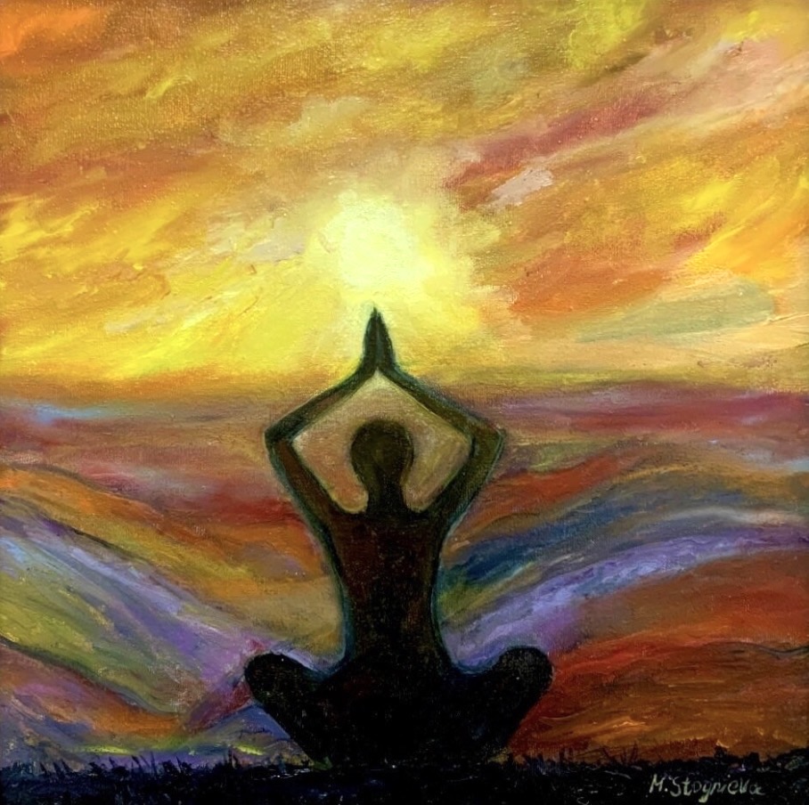 Yoga at Dawn original painting by Marina Stognieva, oil on canvas, meditation at sunrise